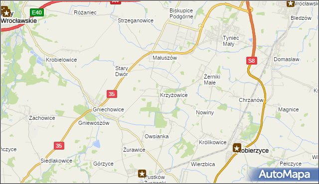 mapa Krzyżowice gmina Kobierzyce, Krzyżowice gmina Kobierzyce na mapie Targeo