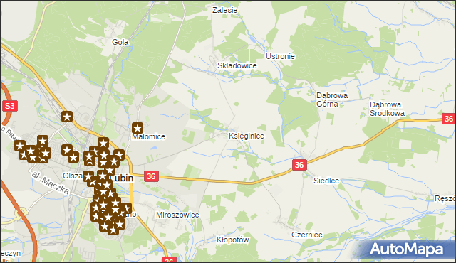 mapa Księginice gmina Lubin, Księginice gmina Lubin na mapie Targeo