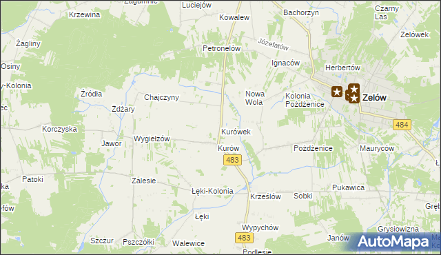 mapa Kurówek gmina Zelów, Kurówek gmina Zelów na mapie Targeo