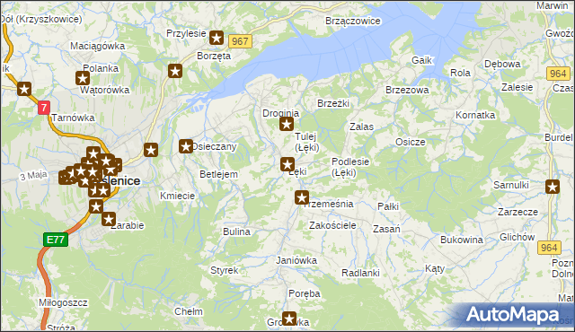 mapa Łęki gmina Myślenice, Łęki gmina Myślenice na mapie Targeo