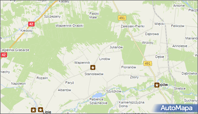 mapa Lindów gmina Lipie, Lindów gmina Lipie na mapie Targeo