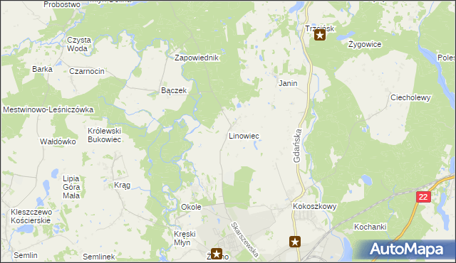 mapa Linowiec gmina Starogard Gdański, Linowiec gmina Starogard Gdański na mapie Targeo