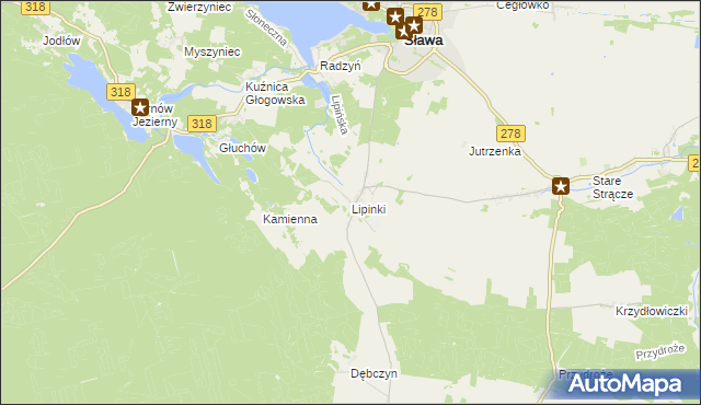 mapa Lipinki gmina Sława, Lipinki gmina Sława na mapie Targeo