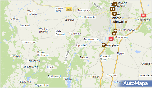 mapa Lipowiec gmina Kurzętnik, Lipowiec gmina Kurzętnik na mapie Targeo