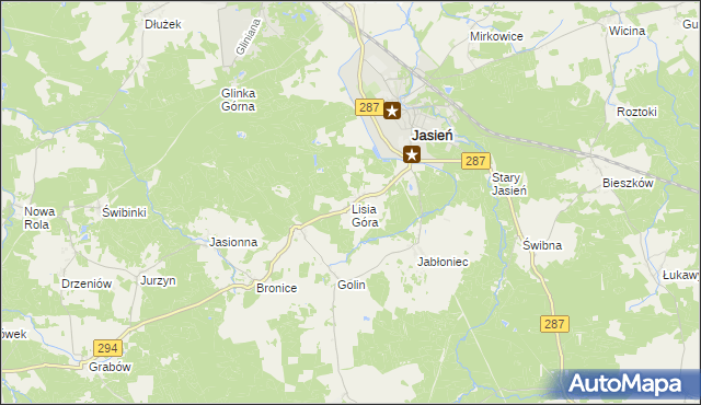 mapa Lisia Góra gmina Jasień, Lisia Góra gmina Jasień na mapie Targeo