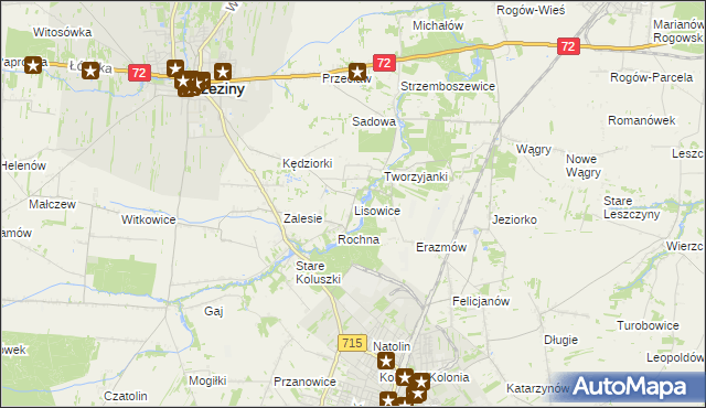 mapa Lisowice gmina Koluszki, Lisowice gmina Koluszki na mapie Targeo