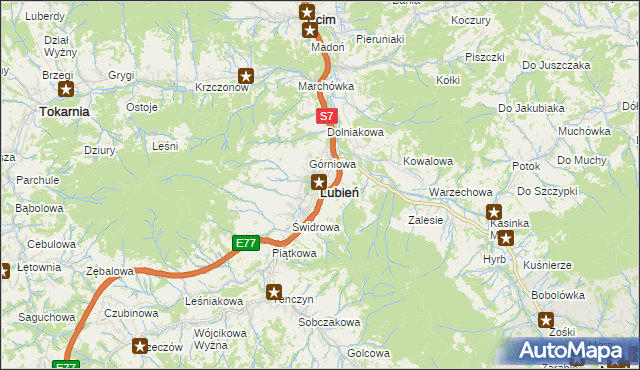 mapa Lubień powiat myślenicki, Lubień powiat myślenicki na mapie Targeo