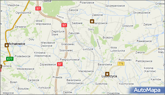 mapa Łuczyce gmina Kocmyrzów-Luborzyca, Łuczyce gmina Kocmyrzów-Luborzyca na mapie Targeo