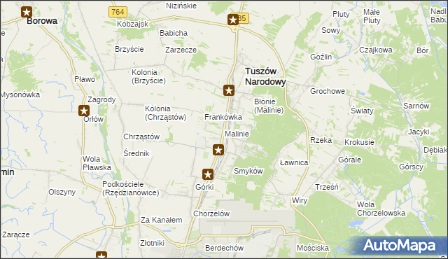 mapa Malinie gmina Tuszów Narodowy, Malinie gmina Tuszów Narodowy na mapie Targeo