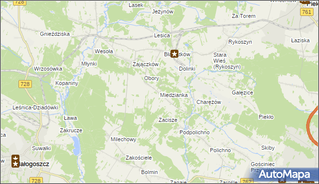 mapa Miedzianka gmina Chęciny, Miedzianka gmina Chęciny na mapie Targeo