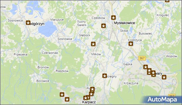 mapa Miłków gmina Podgórzyn, Miłków gmina Podgórzyn na mapie Targeo