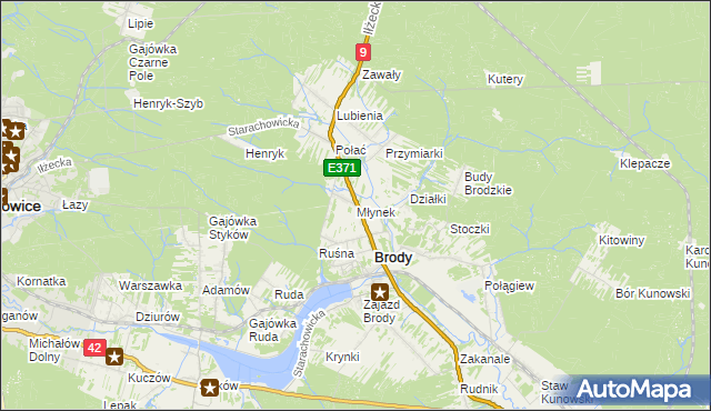 mapa Młynek gmina Brody, Młynek gmina Brody na mapie Targeo