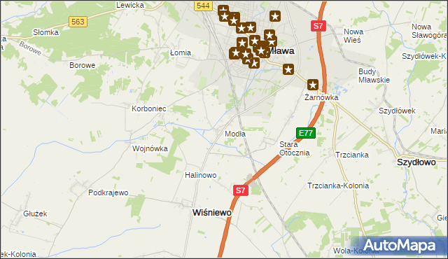 mapa Modła gmina Wiśniewo, Modła gmina Wiśniewo na mapie Targeo