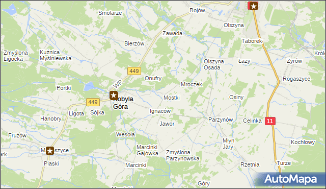 mapa Mostki gmina Kobyla Góra, Mostki gmina Kobyla Góra na mapie Targeo