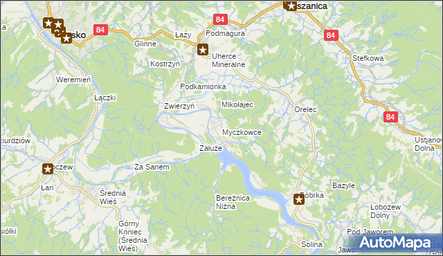 mapa Myczkowce, Myczkowce na mapie Targeo