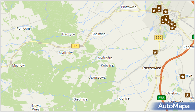 mapa Myślibórz gmina Paszowice, Myślibórz gmina Paszowice na mapie Targeo