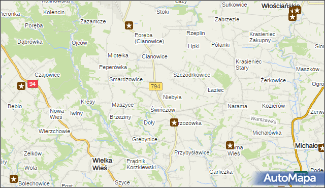 mapa Niebyła gmina Skała, Niebyła gmina Skała na mapie Targeo