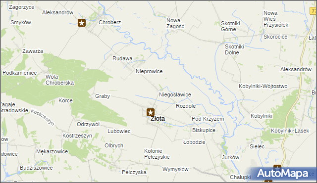 mapa Niegosławice gmina Złota, Niegosławice gmina Złota na mapie Targeo