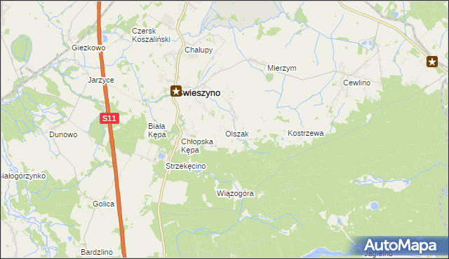 mapa Olszak gmina Świeszyno, Olszak gmina Świeszyno na mapie Targeo