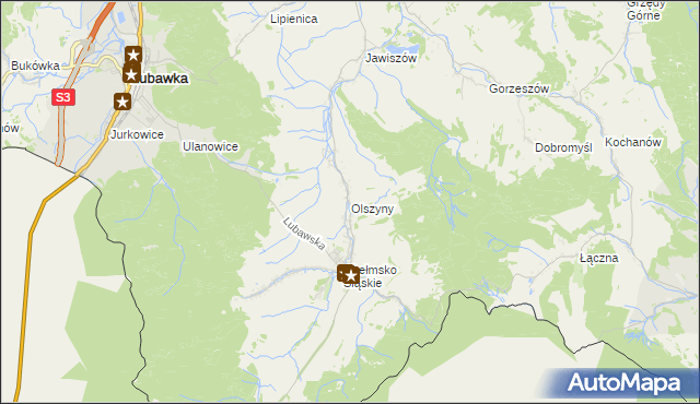 mapa Olszyny gmina Kamienna Góra, Olszyny gmina Kamienna Góra na mapie Targeo