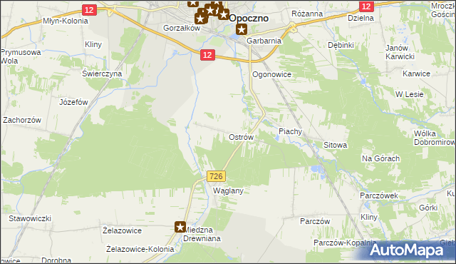 mapa Ostrów gmina Opoczno, Ostrów gmina Opoczno na mapie Targeo