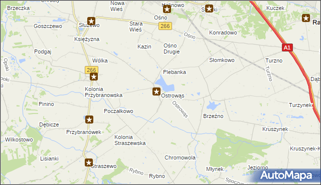mapa Ostrowąs gmina Aleksandrów Kujawski, Ostrowąs gmina Aleksandrów Kujawski na mapie Targeo