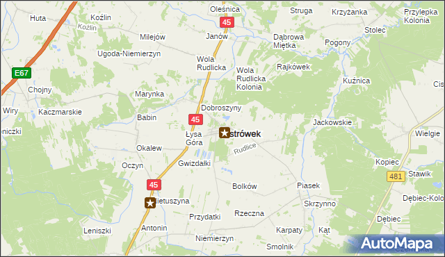 mapa Ostrówek powiat wieluński, Ostrówek powiat wieluński na mapie Targeo