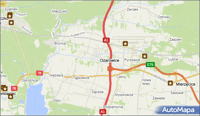 mapa Ożarowice, Ożarowice na mapie Targeo