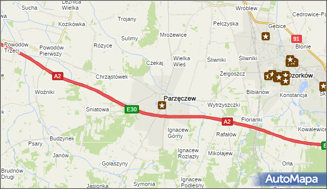 mapa Parzęczew powiat zgierski, Parzęczew powiat zgierski na mapie Targeo