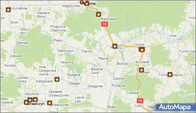 mapa Pępice gmina Mniów, Pępice gmina Mniów na mapie Targeo