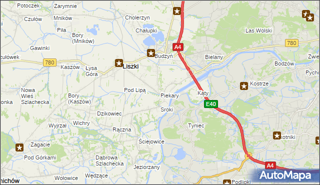 mapa Piekary gmina Liszki, Piekary gmina Liszki na mapie Targeo