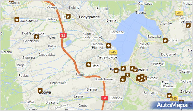 mapa Pietrzykowice gmina Łodygowice, Pietrzykowice gmina Łodygowice na mapie Targeo