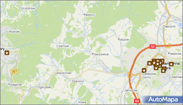 mapa Pisarzowice gmina Kamienna Góra, Pisarzowice gmina Kamienna Góra na mapie Targeo