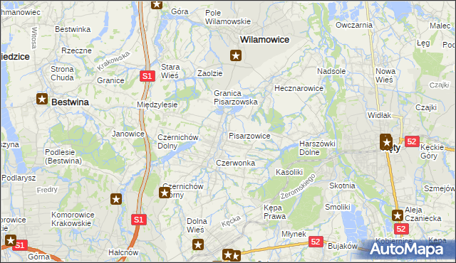 mapa Pisarzowice gmina Wilamowice, Pisarzowice gmina Wilamowice na mapie Targeo