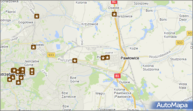 mapa Pniówek gmina Pawłowice, Pniówek gmina Pawłowice na mapie Targeo