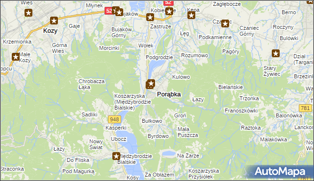 mapa Porąbka powiat bielski, Porąbka powiat bielski na mapie Targeo