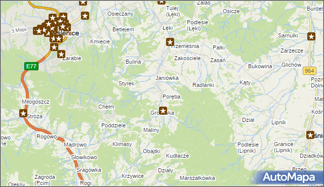 mapa Poręba gmina Myślenice, Poręba gmina Myślenice na mapie Targeo