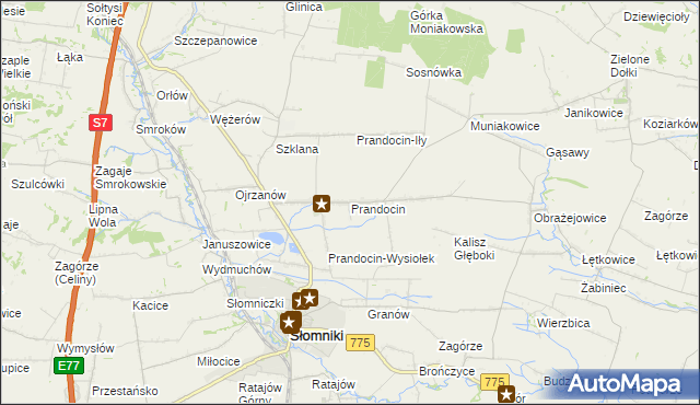 mapa Prandocin gmina Słomniki, Prandocin gmina Słomniki na mapie Targeo