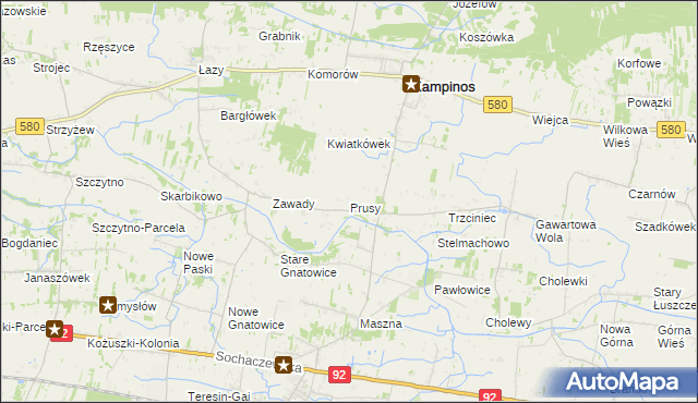 mapa Prusy gmina Kampinos, Prusy gmina Kampinos na mapie Targeo