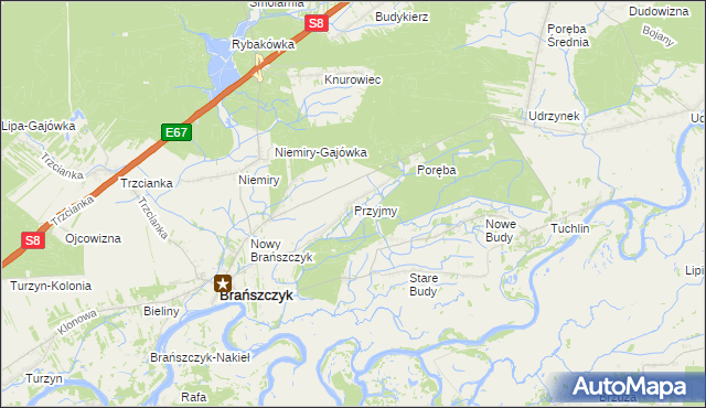 mapa Przyjmy gmina Brańszczyk, Przyjmy gmina Brańszczyk na mapie Targeo