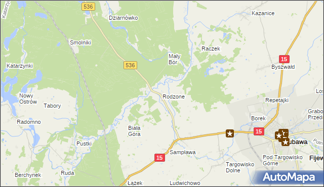 mapa Rodzone gmina Lubawa, Rodzone gmina Lubawa na mapie Targeo