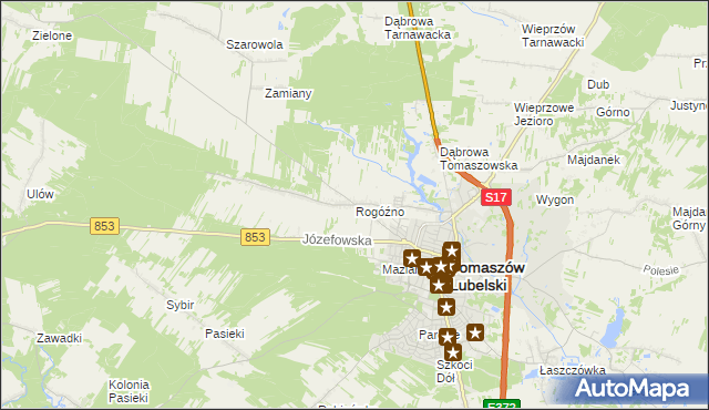 mapa Rogóźno gmina Tomaszów Lubelski, Rogóźno gmina Tomaszów Lubelski na mapie Targeo