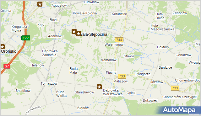 mapa Romanów gmina Kowala, Romanów gmina Kowala na mapie Targeo