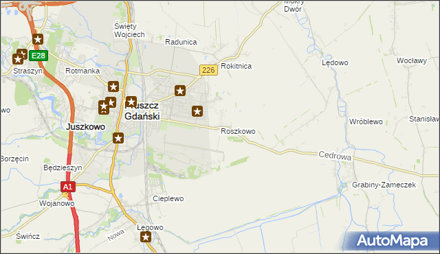 mapa Roszkowo gmina Pruszcz Gdański, Roszkowo gmina Pruszcz Gdański na mapie Targeo