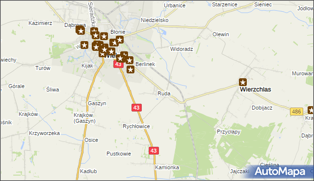 mapa Ruda gmina Wieluń, Ruda gmina Wieluń na mapie Targeo