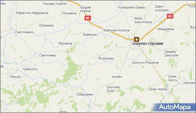 mapa Ruszkowo gmina Gołymin-Ośrodek, Ruszkowo gmina Gołymin-Ośrodek na mapie Targeo