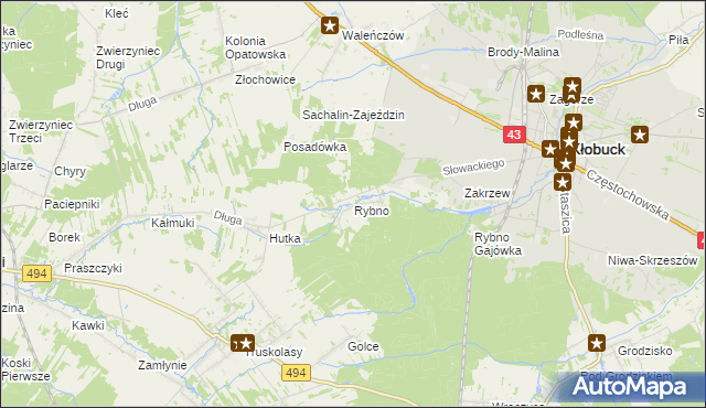 mapa Rybno gmina Kłobuck, Rybno gmina Kłobuck na mapie Targeo