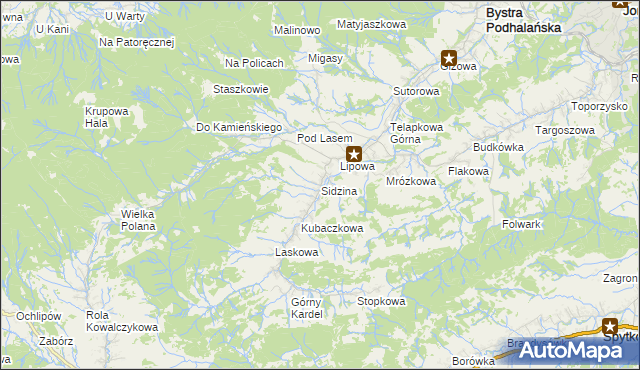 mapa Sidzina gmina Bystra-Sidzina, Sidzina gmina Bystra-Sidzina na mapie Targeo