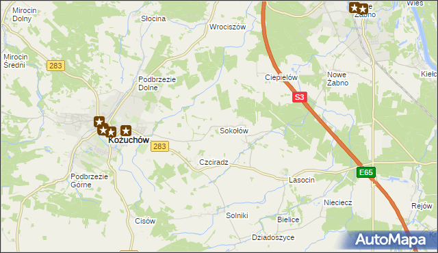 mapa Sokołów gmina Kożuchów, Sokołów gmina Kożuchów na mapie Targeo