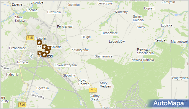 mapa Stamirowice gmina Koluszki, Stamirowice gmina Koluszki na mapie Targeo